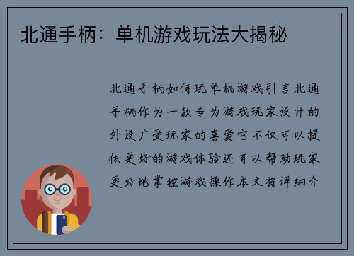 北通手柄：单机游戏玩法大揭秘